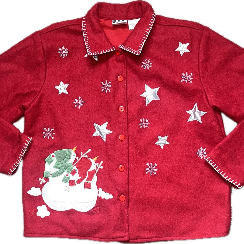 Vintage‎ Wool Snowman Christmas Jacket Red Stars Snowflakes Button Up M